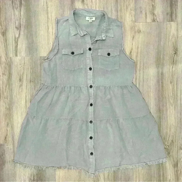 Umgee Tiered Button Front Sleeveless Denim Chambray Casual Mini Dress Size M - Picture 1 of 6
